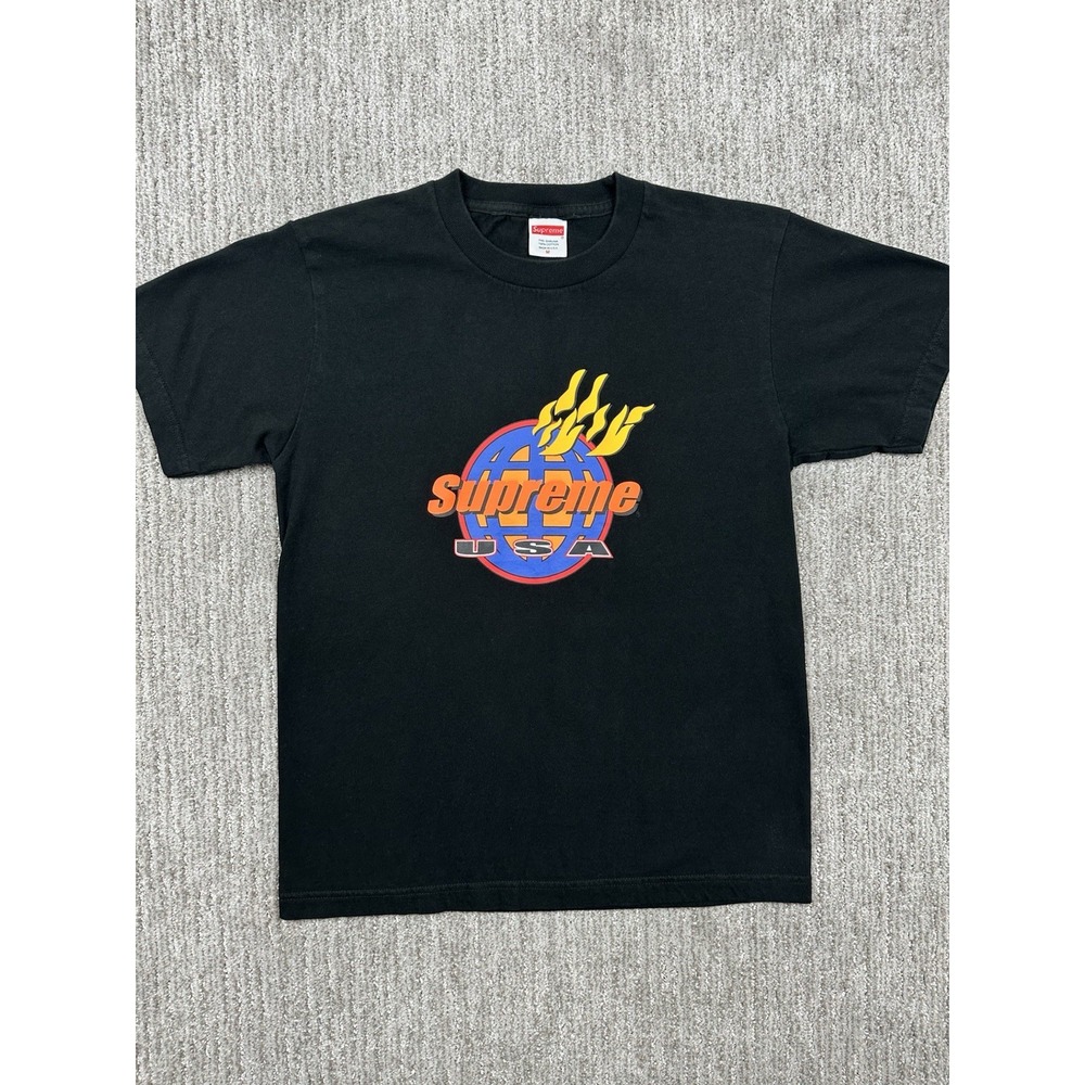 Supreme USA World Globe Flame Graphic T-Shirt Black Men's Size M Made In US